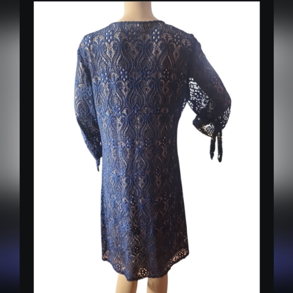 Tacera  dress size large. Elegant Navy Lace Dress Lined - Picture 3 of 7